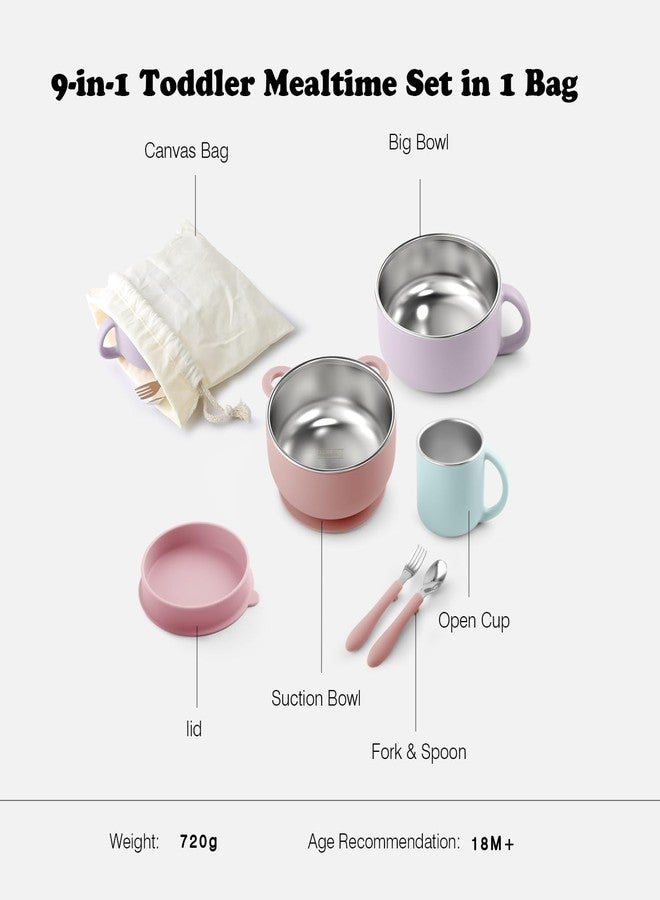 Bakpoco Kids Dinnerware Set - 6 Piese Toddler Plates and Suction Bowls Set with Kids Utensils⋓, 2 IN 1 Stainless Steel & Silicone Baby Self Feeding Supplies, Lilac& Blush&Sage - Image 2